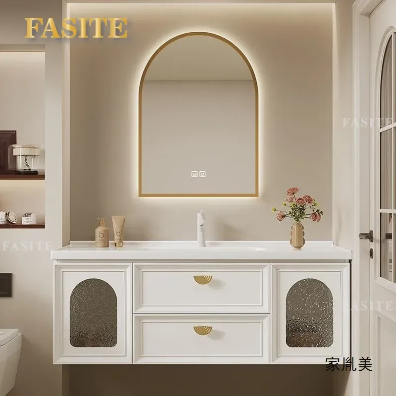 French Style Ceramic Integrated Basin Bathroom Vanity Cabinet Combo Modern Light Luxury Washbasin for Small Toilet Room Easy