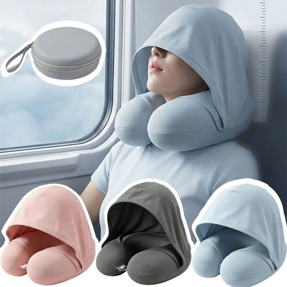 Slow Rebound Hooded Travel Pillow Foldable Design Light-blocking Ice Silk Neck Rest Cushion Portable Breathable Fabric
