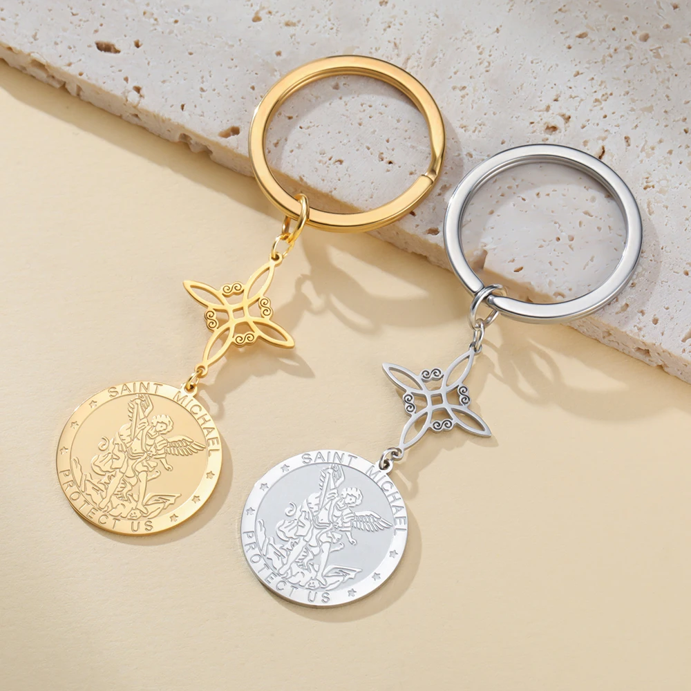 Dawapara Saint Michael Keychain  Witch Knot Double Protection Pray for Us Archangel Religious Jewelry Stainless Steel Keyring
