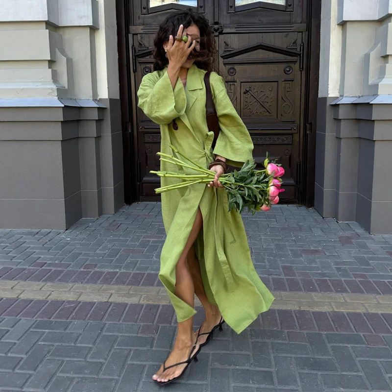 

2025 Autumn Women's European and American Style Lazy Casual Loose Long Robe with Turn-Down Collar and Tie Long Dress