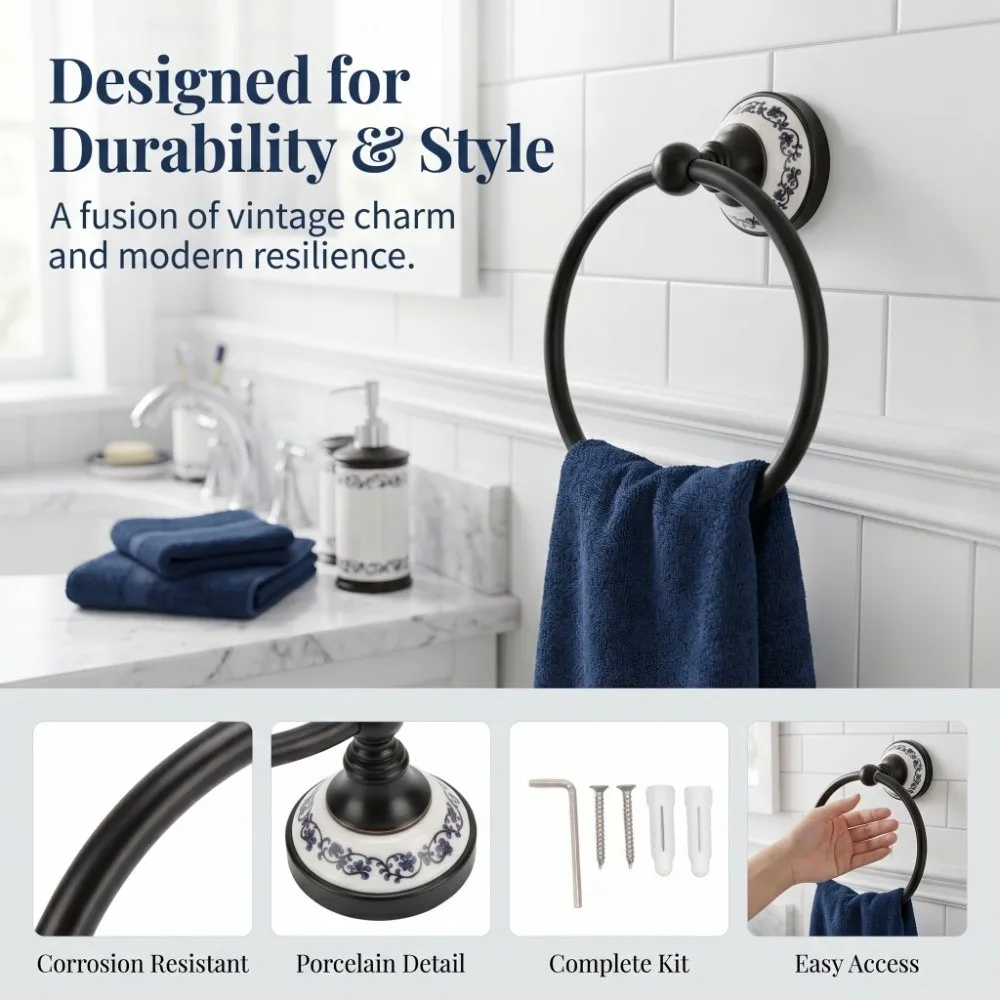 Durable Brass Towel Ring Round Shape Black Towel Holder Wall Mount Vintage Towel Rack Space Saving