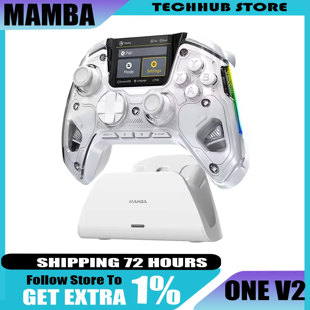 وحدة تحكم ألعاب Mamba One V2 لاسلكية للتبديل/الكمبيوتر/iOS/Android شاشة 2 بوصة تأثير القاعة عصا ضوء RGB مع قاعدة شحن