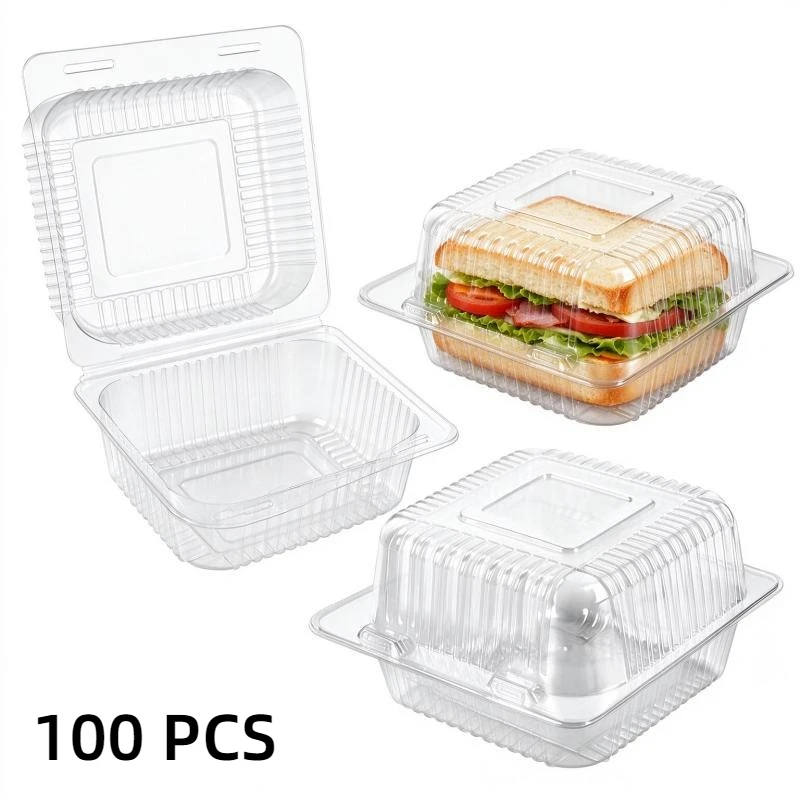 100PCS Disposable Square Clear Clamshell Food Boxes Plastic Takeout Containers for Dessert Cake Fruit Salad Pastry Home Baking