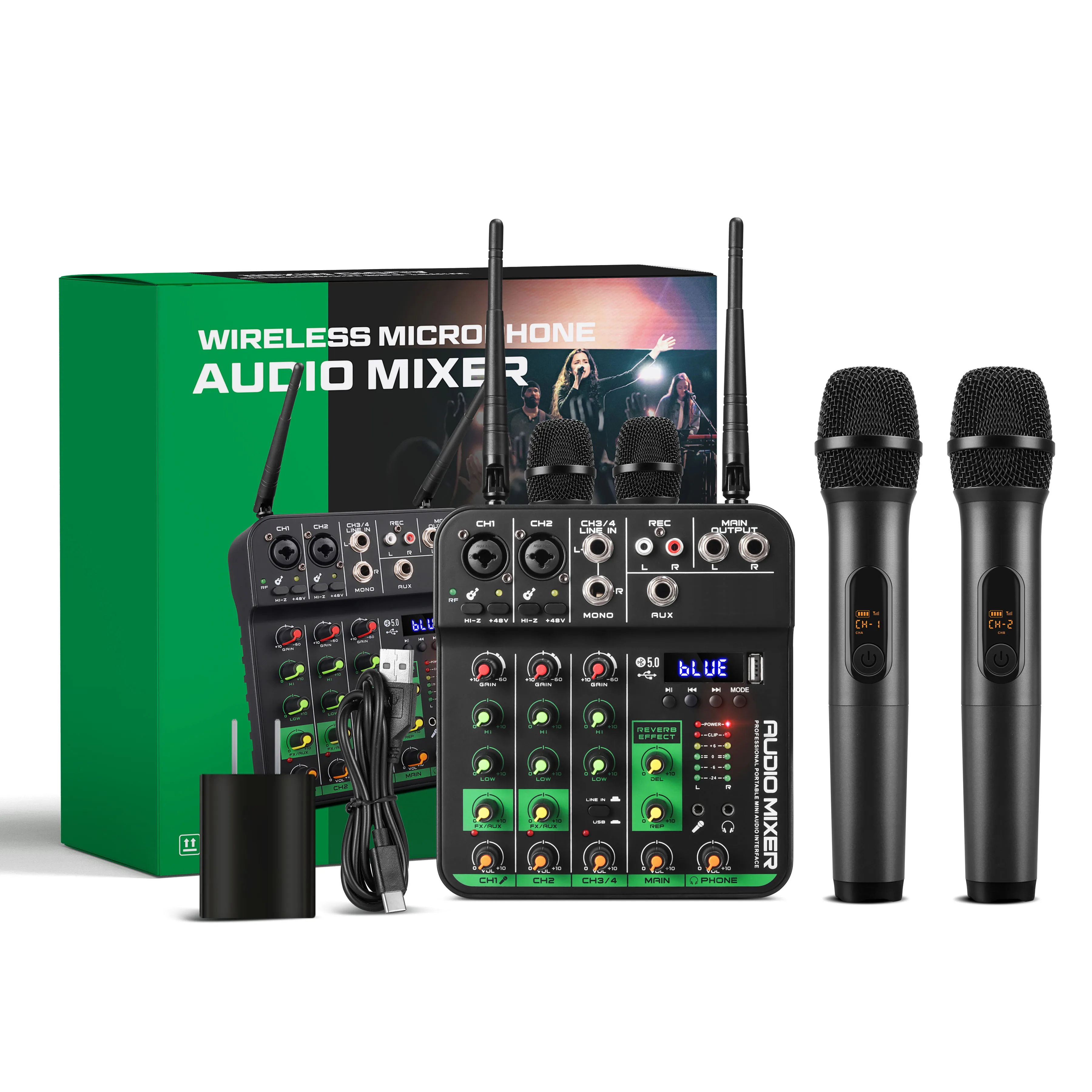 มิกเซอร์เสียงคาราโอเกะแบบพกพาขนาดเล็ก 4 แชนแนล รุ่นใหม่ MC-20H พร้อมไมโครโฟนไร้สาย UHF 2 ตัว คอนโซลเสียงสำหรับดีเจ