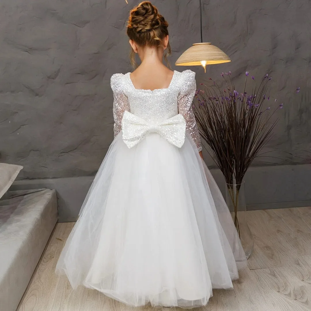 Custom Flower Girl Dress White Sequin Tulle Skirt with Bow Long Sleeves Suitable for Weddings, Birthday Parties, and Proms
