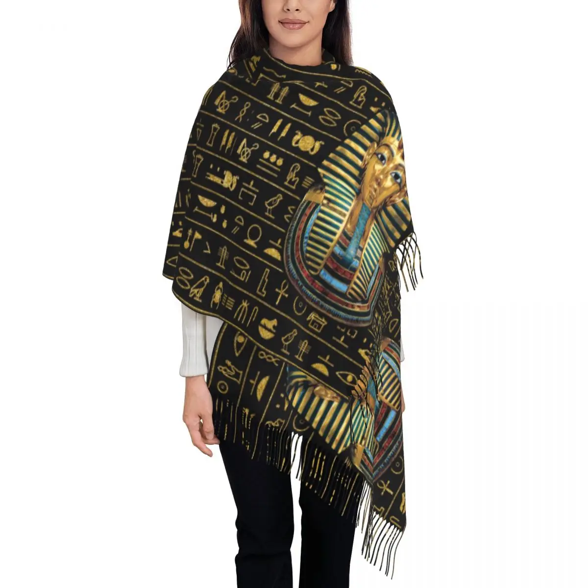 Ancient Gold Pharaoh Egypt King Tut Scarf para homens e mulheres, Custom Printed, Lenços quentes, Hierogengers egípcios, xale, Wrap, Inverno, Outono