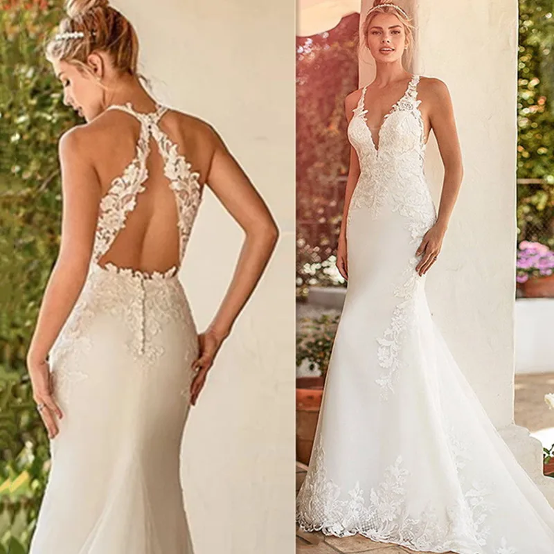 Sexy V-Neck Backless Wedding Dress Mermaid 2024 Fashion Lace Sleeveless Bridal Gown For Women Wedding Gown Pleat Robe De Mariée