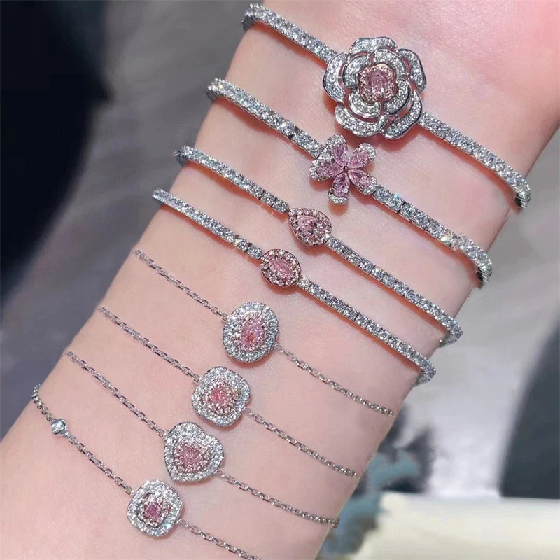 silver 925 dazzling Full Diamond Rose Bracelets for women multiple styles Sweet Pink Flower Bracelet chains wedding Jewelry