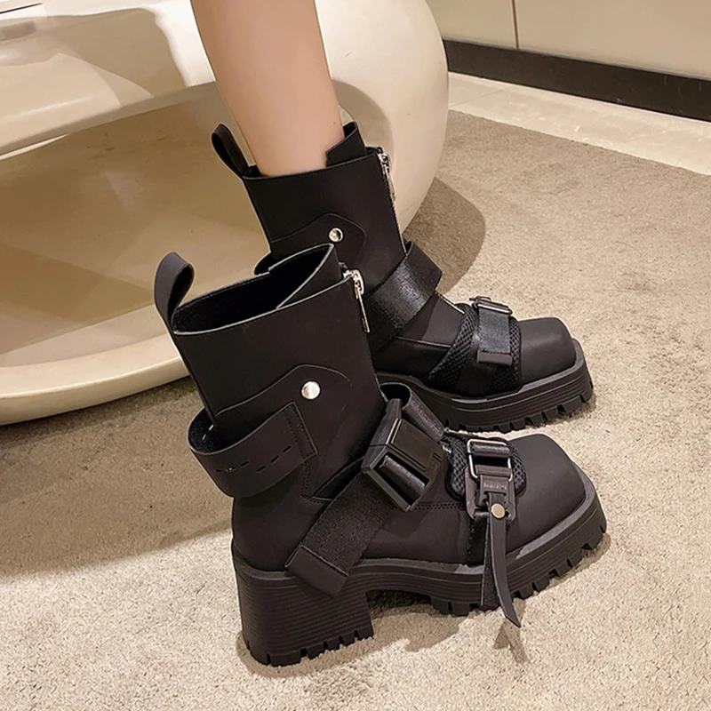 Internet Hot Short Autumn and Winter 2024 New Thick Bottom Chunky Heel Small Skinny Square Toe Women\'s Chelsea Boots