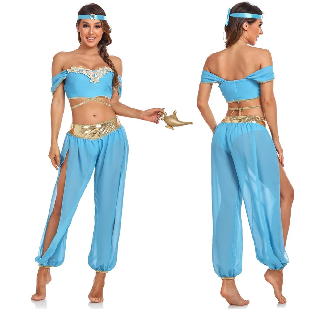 3Pcs Sets Aladdin Princess Jasmine Cosplay Costume Adult Carnival Party Fancy Dress Up Halloween Costumes Tops+Pants+Headwear