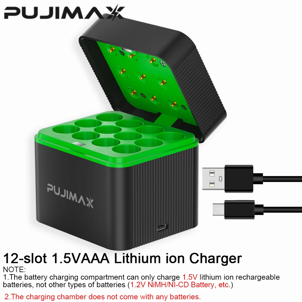 PUJIMAX Ładowarka do baterii AAA z 12/8/4 slotami na baterie 1,5V Li-ion, inteligentne i wszechstronne urządzenie ładujące + kabel Type C — zdjęcie produktu 7