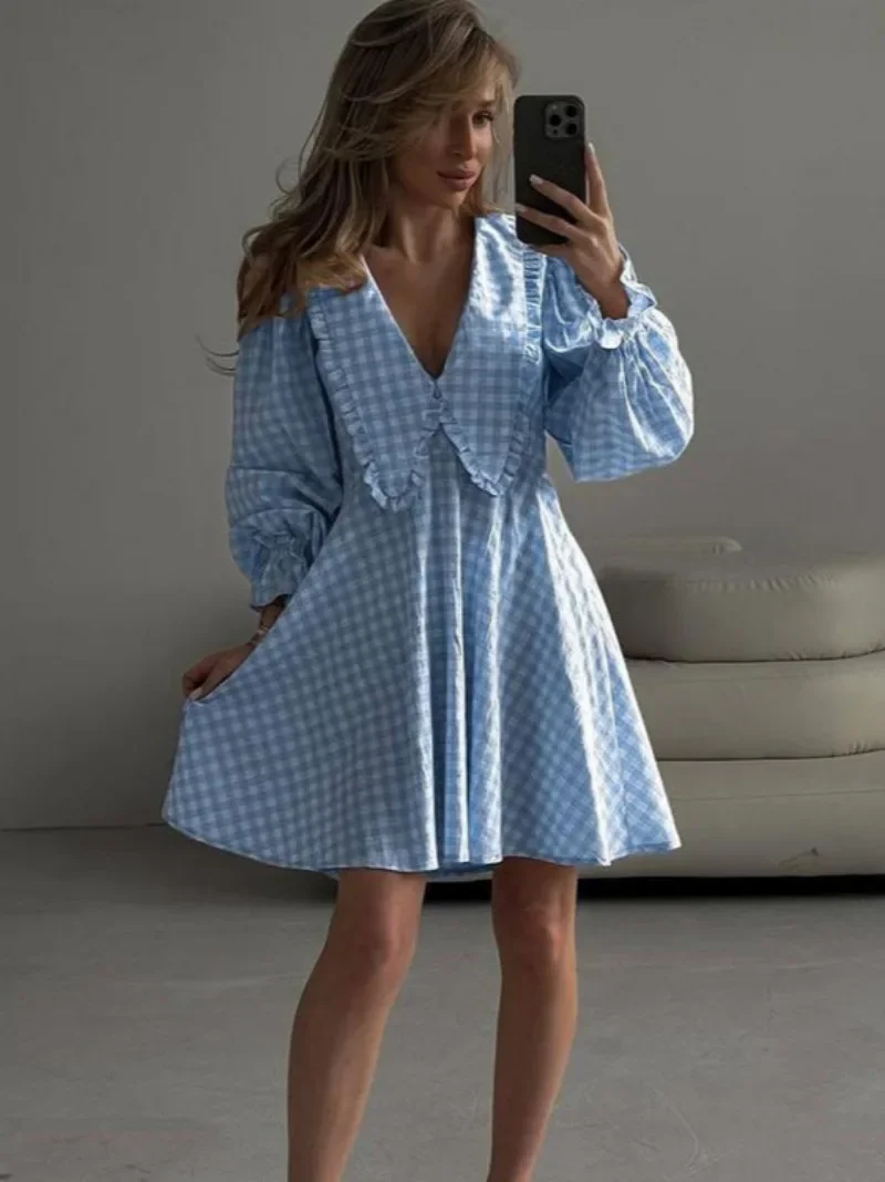 Woman Clothing Long Sleeve High Waist A-line Plaid Dress 2024 Fall Sweet Grils Ruched Tunics Short Party Dresses Streetwear