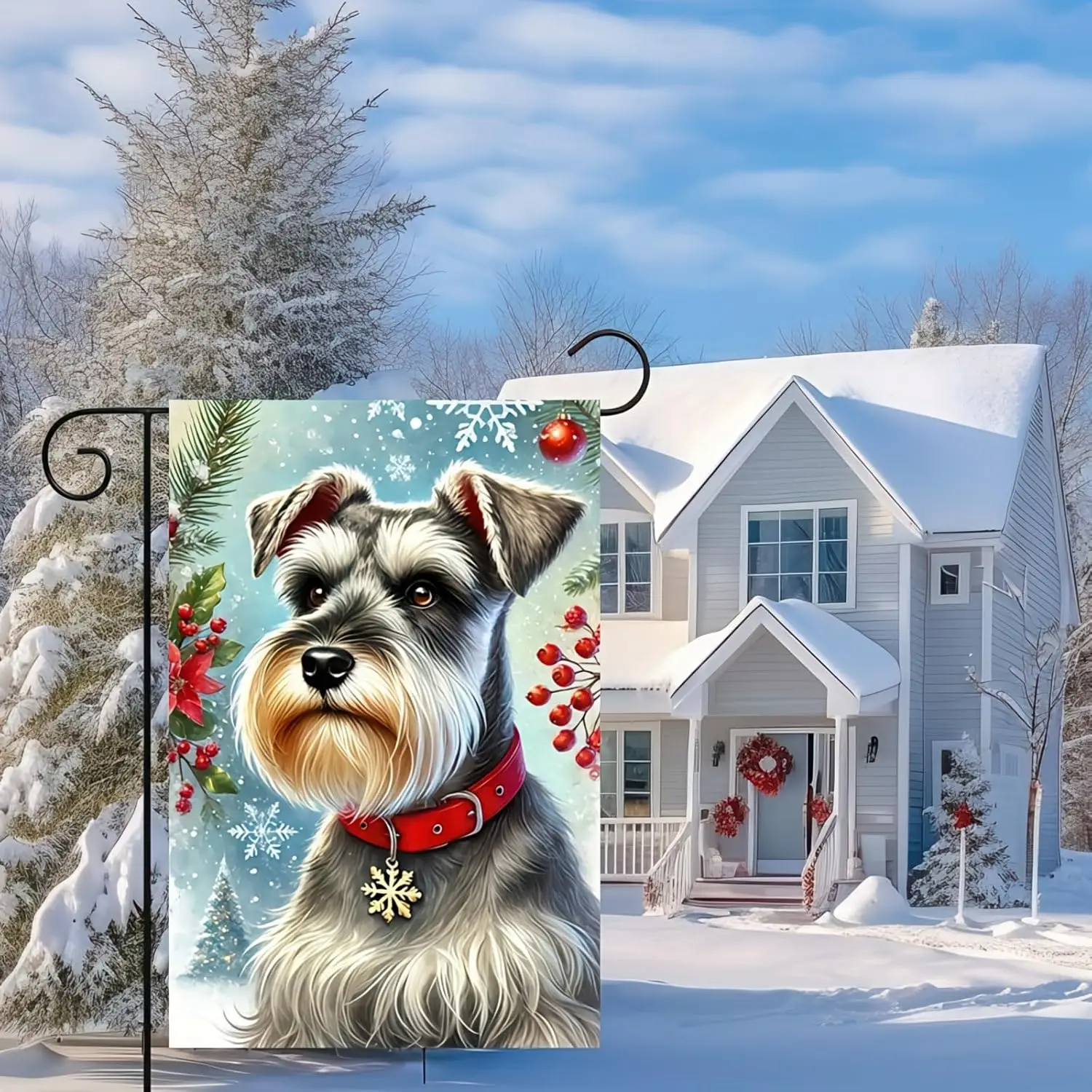Christmas Schnauzer Garden Flag - 12x18 Double Sided Vertical Dog Flag for Xmas, Outdoor Decoration, Winter Holiday Farmhous FFI