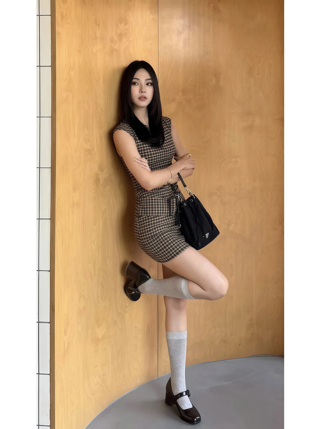 Retro Korean Plaid Slimming Ve - Linen Dress Wrap ulasan dan harga