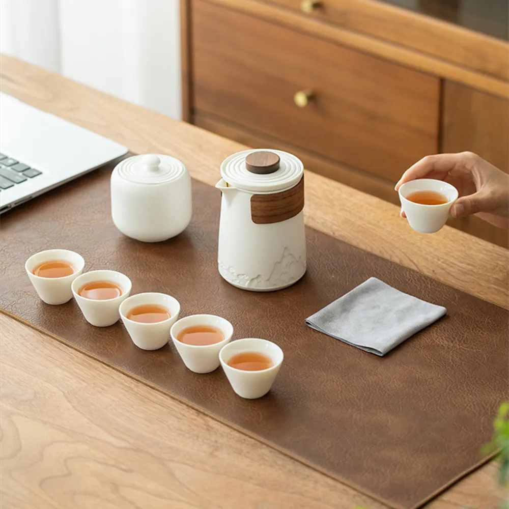 Portable Travel Ceramic Tea Set, Mountain Embossed Teapot with Filter Infuser, 1 Pot 6 Cups with Storage Bag, Outdoor Tea Gift