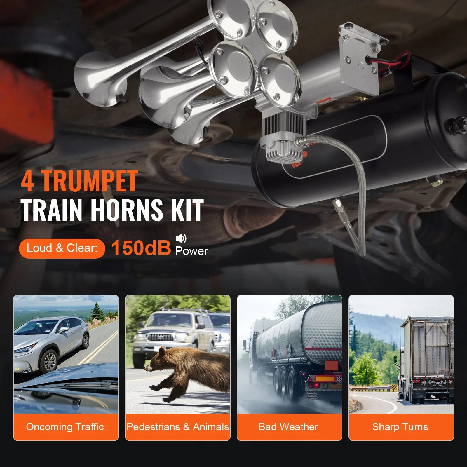 Train Horns Kit 4 Trumpet Air Horn Kit 150dB Train Horns 12V 120 psi Air Compressor for Car Truck Train Van Boat Pickup