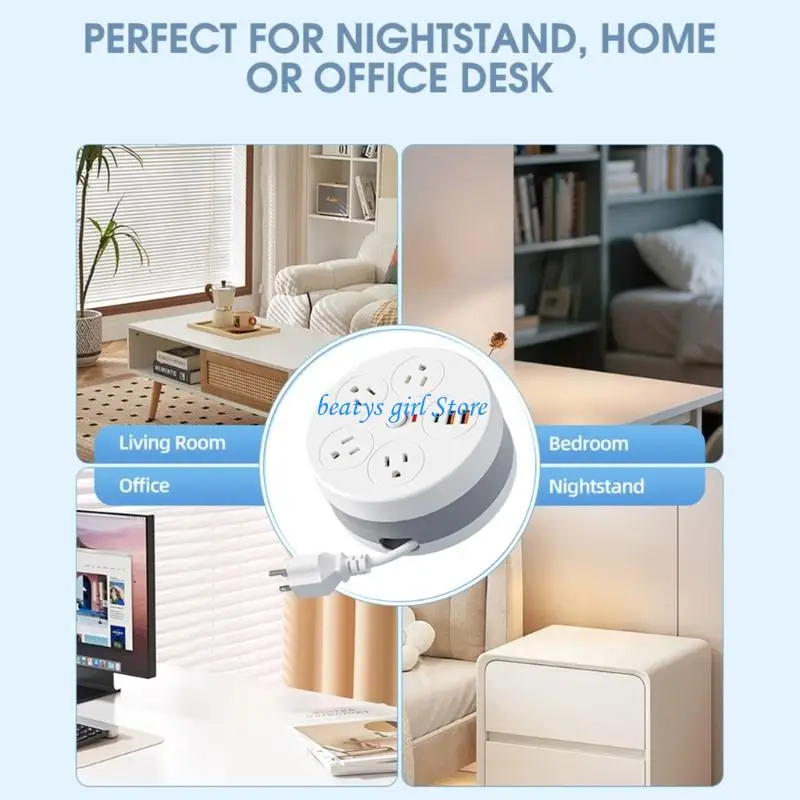 C7AB Practical Round Power Socket With USB C & USB A Port And Retractable Cable Suitable For Various Setting