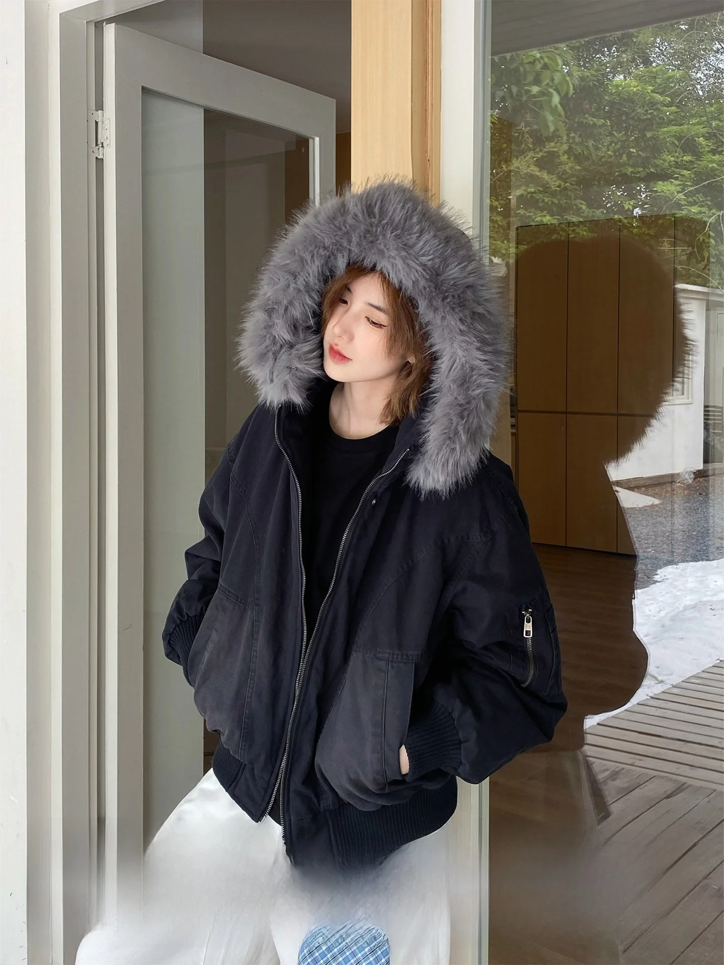 

Утепленная куртка унисекс Ja1 в винтажном стиле с плюшевым капюшоном, съемным пуховым наполнителем, свободного кроя, для пар, повседневный стиль, длинный рукав, на молнии