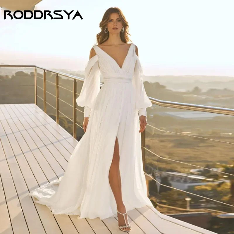 RODDRSYA Chiffon V-Neck Vestidos De Casamento Dividir A Linha Puff Manga Vestido De Noiva Backless Spaghetti Straps Robe De Mariée Custom Made Vestidos de noiva em chiffon com decote em V Vestidos de noiva com decote e