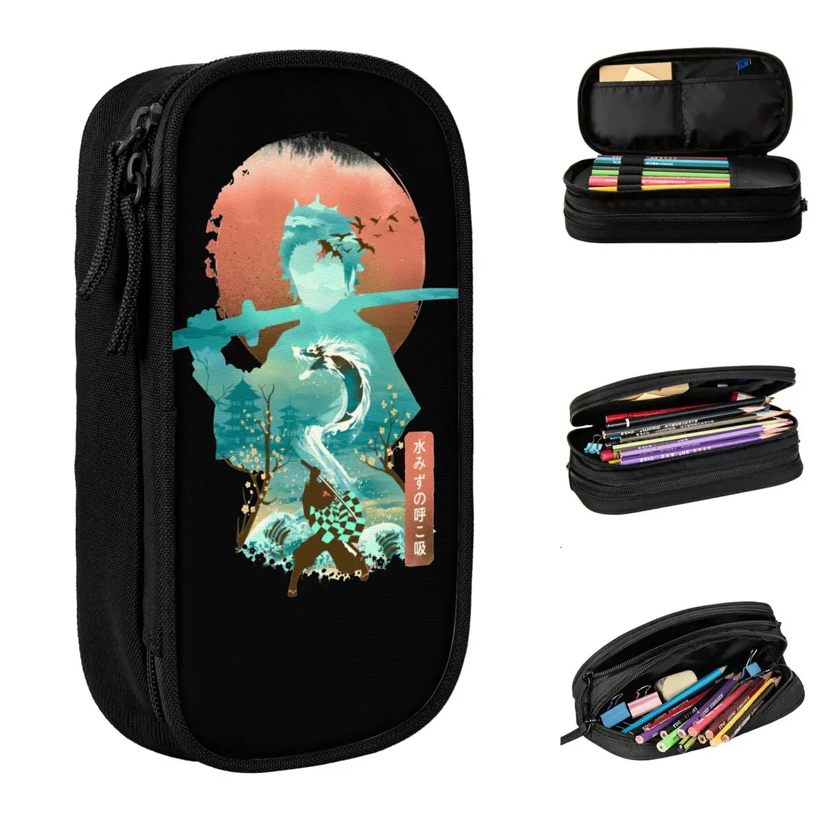 Japanese Ukiyo E Breath Of Water Classic Pencil Case Demon Slayer Pen Holder Bags Student Big Capacity Students Pencil Pouch