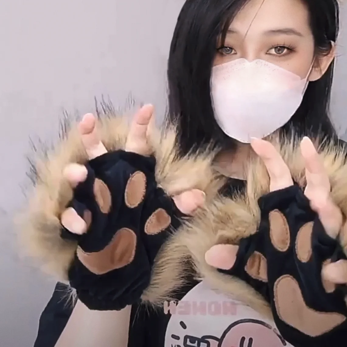 Luvas de pelúcia de imitação fofa garra, Adereços Cosplay Halloween Pata de gato Vaca tigre animal Luvas peludas metade do dedo 1 par