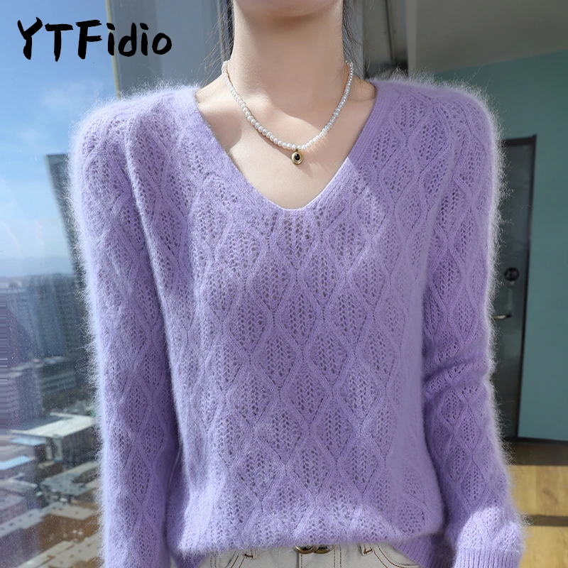 YTFidio Mink Cashmere Sweater V-Neck Pullover Women Knitwear  Diamond Grid Thick Base Tops Outerwears Knitted Oversized 155