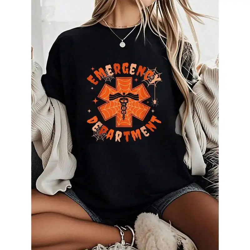 

Halloween Emergency Department T-Shirt Women Spooky EMS EMT Paramedic Gift Nurse Doctor Crew Neck Top
