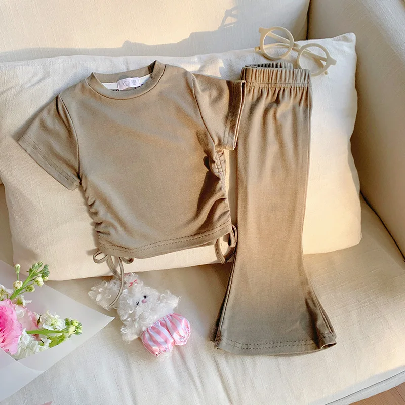 

2026 Summer New Hot Selling Solid Color Round Neck Drawstring Pleated Half Sleeved Top and Flared Pants Two-piece Set