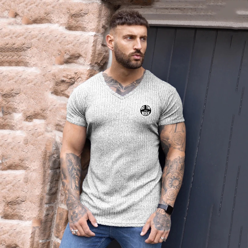 Knitted Quick Dry V Neck T-Shirt Men\'s Fitness Slim Fit Short Sleeve Shirts Gym Bodybuilding Sports Breathable Summer Clothing