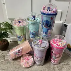 Anime 450ML Disney Stitch Straw Cup Dzieci Przenośna butelka sportowa Figurka Lilo i Stitch Dwuwarstwowy plastikowy kubek na wodę Prezenty