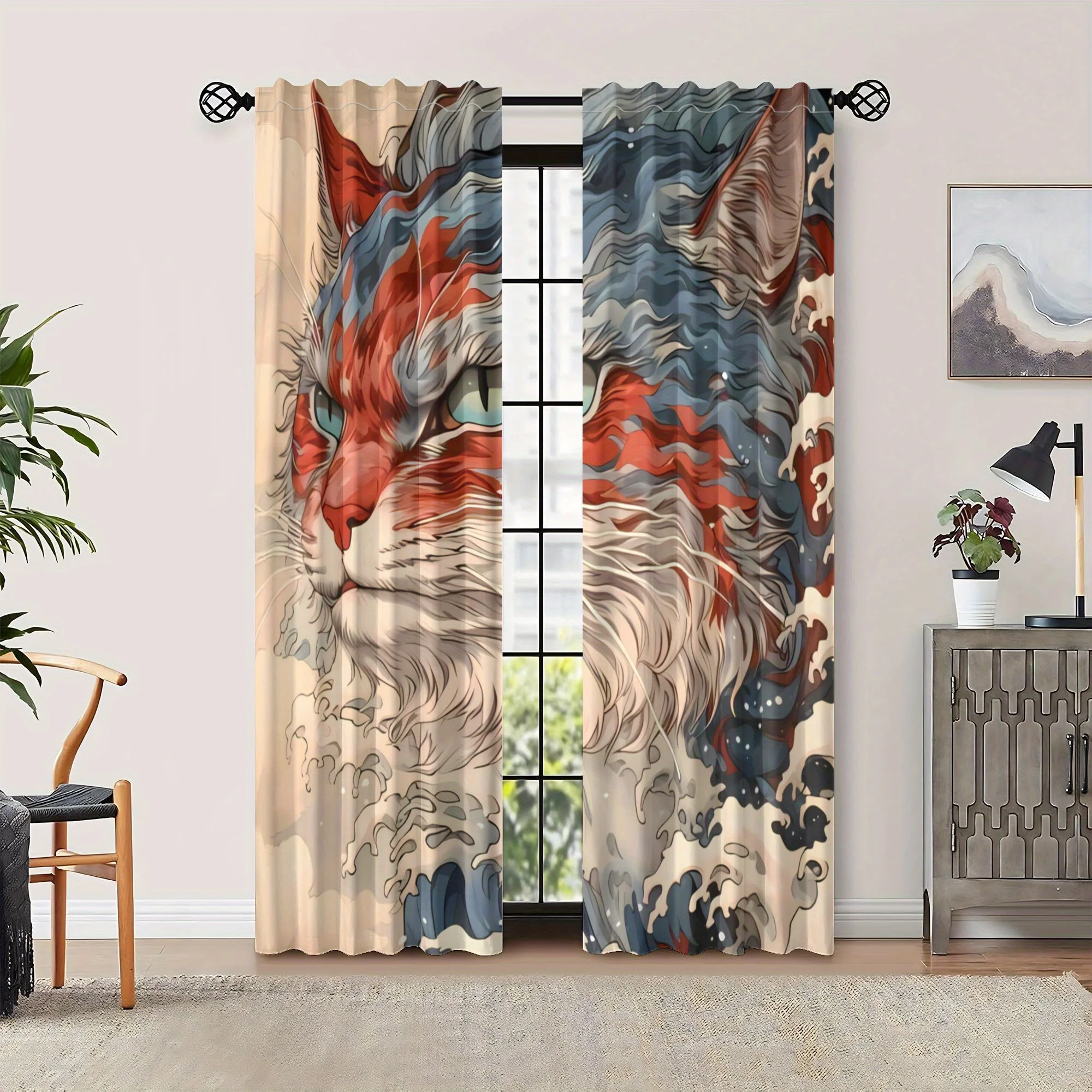 2pcs Cat Curtains - Vintage Japanese-Inspired Cat & Wave Art Design, Polyester Light Filtering Grommet Top Curtains for