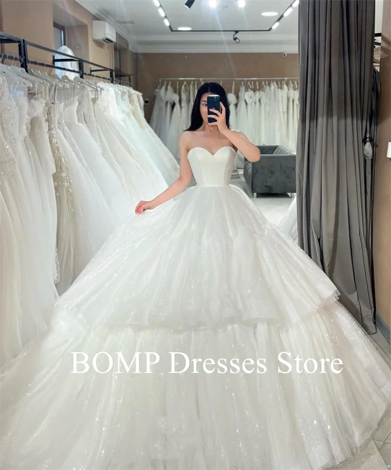 BOMP Sparkly Prinses Baljurk Trouwjurken Sweetheart Tiered Gelaagde Glanzende Luxe Bruidsjurken Aangepaste Vestidos de noiva