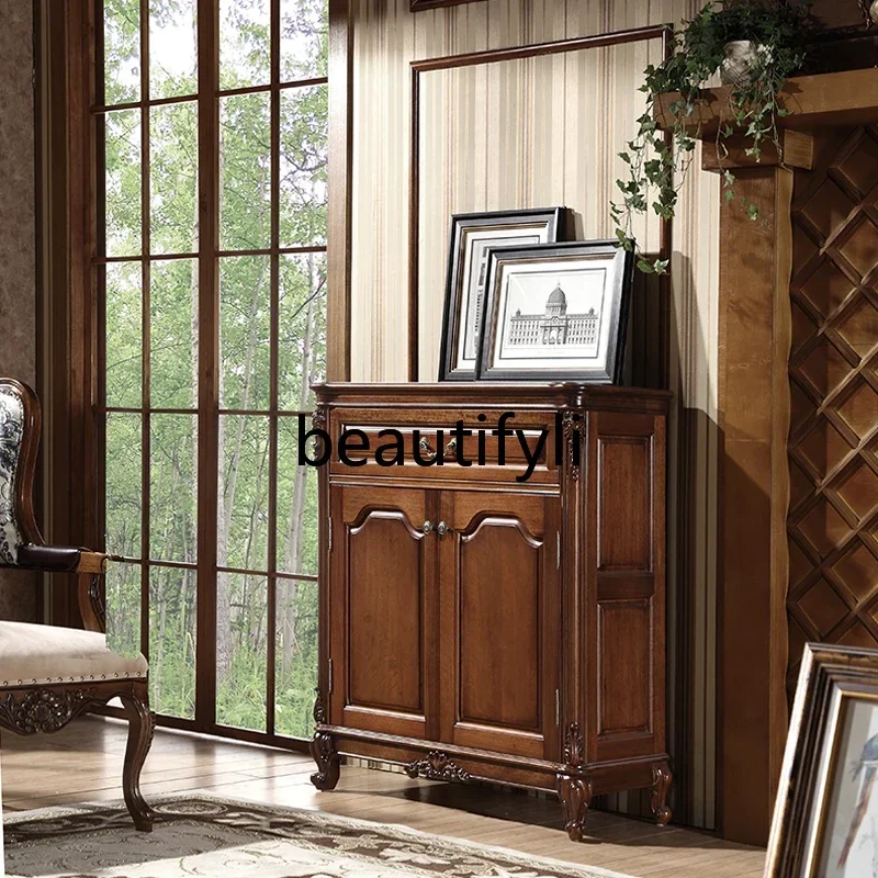

Black walnut shoe cabinet solid wood living room American country storage retro entrance cabinet