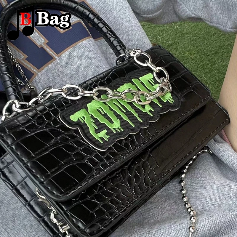 Y2K Punk Embroidered Bag Women Girls Gothic Crocodile print PU Leather Shoulder Bags Handbag Female Hip hop trend messenger bag