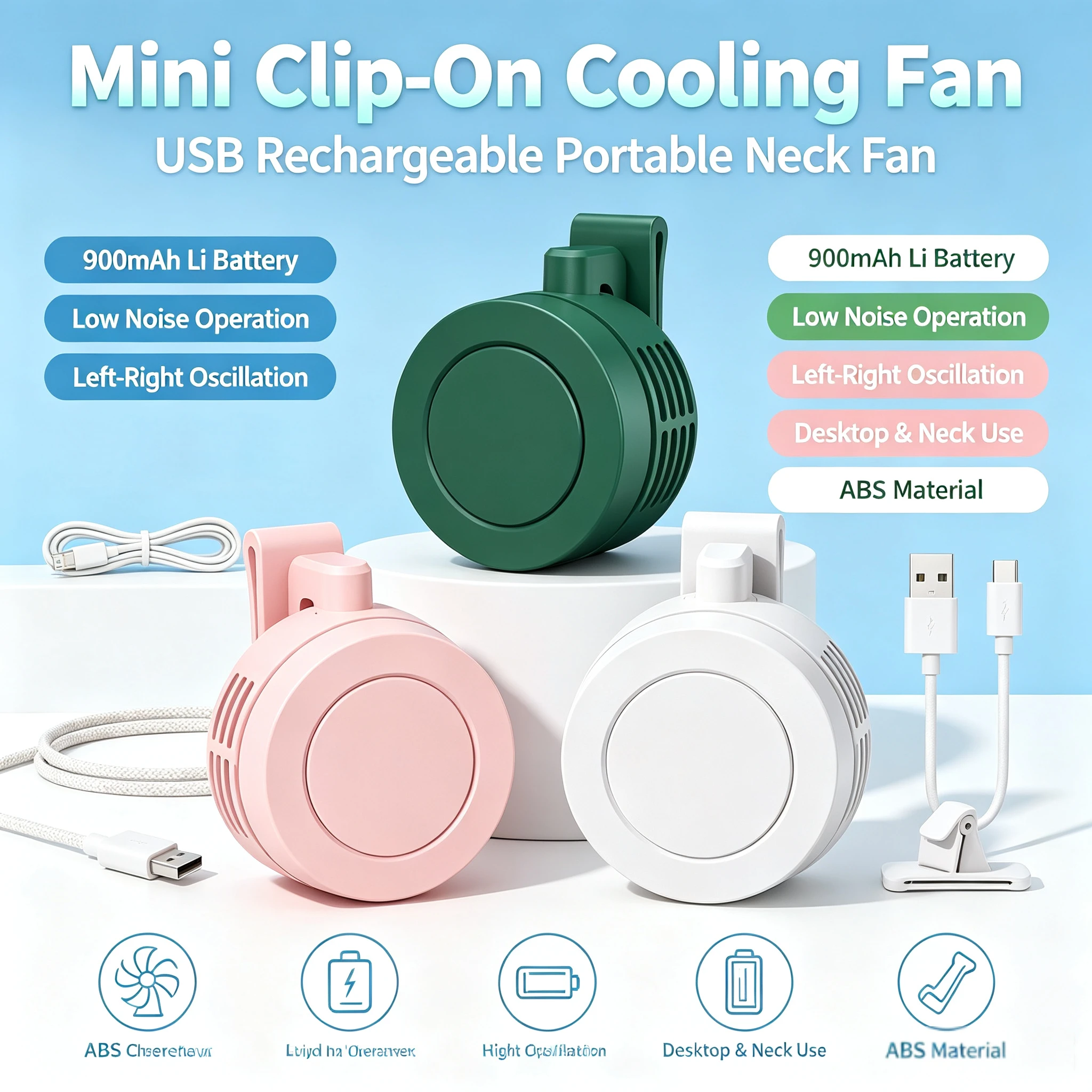 Portable Silent Fan Mini USB Rechargeable Bladeless Electric Clip-on Fan Adjustable 3-Speed Waist Fan For Outdoor Sports Office