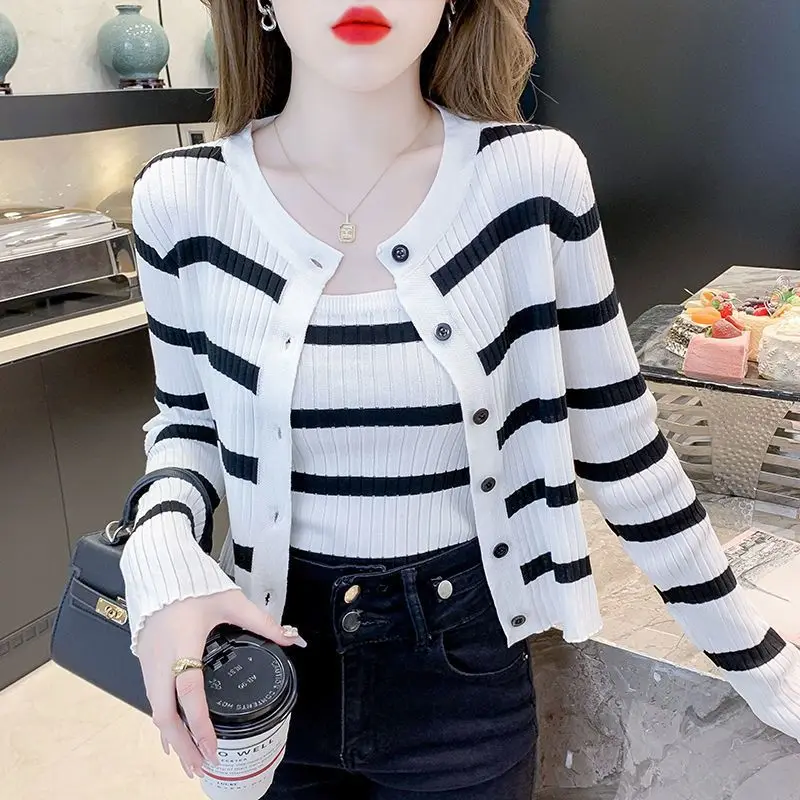 Autumn Fashion Women's Knitted Sweater with Strap New Style Korean Gentle Striped Knitwear Top Cardigan Two-Piece Set