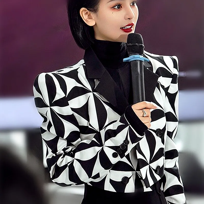 European Runway Black White Print Short Blazers Women Coats Spring Autumn Woman Work Office Ladies Blazers Outwears Tops NZ12