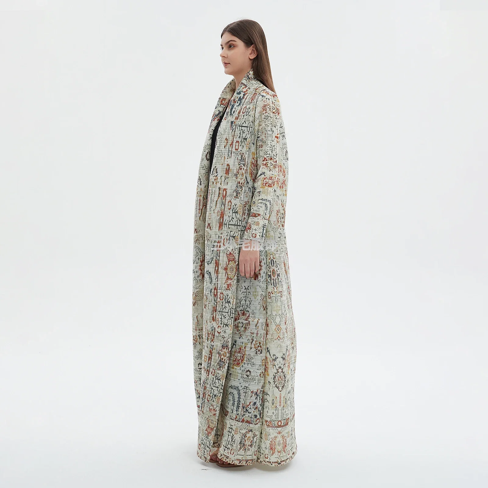 ALSEY Miyake Pleated Women's Robe Nine-minute Sleeve Vintage Printed Cardigan Loose Plus Size Long Arabic Trench 2024 Summer New