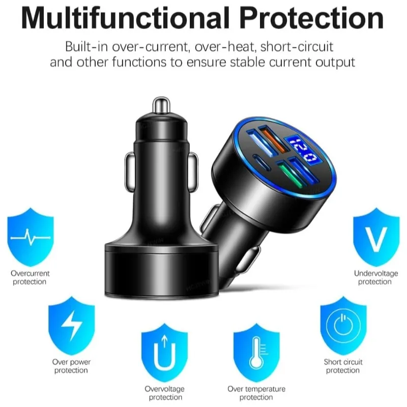 100W Car Charger Fast Charging Type C Adapter in Car PD QC3.0 USB C Car Phone Charger, with Voltage Display, for iPhone Samsung