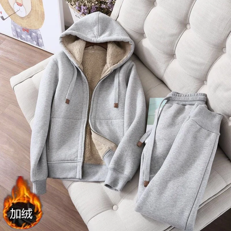 2023 New Sports  Leisure Set Women\'s Zipper Solid Coat Women\'s Autumn/Winter Korean Edition Student Plush Thickened Hoodie Set