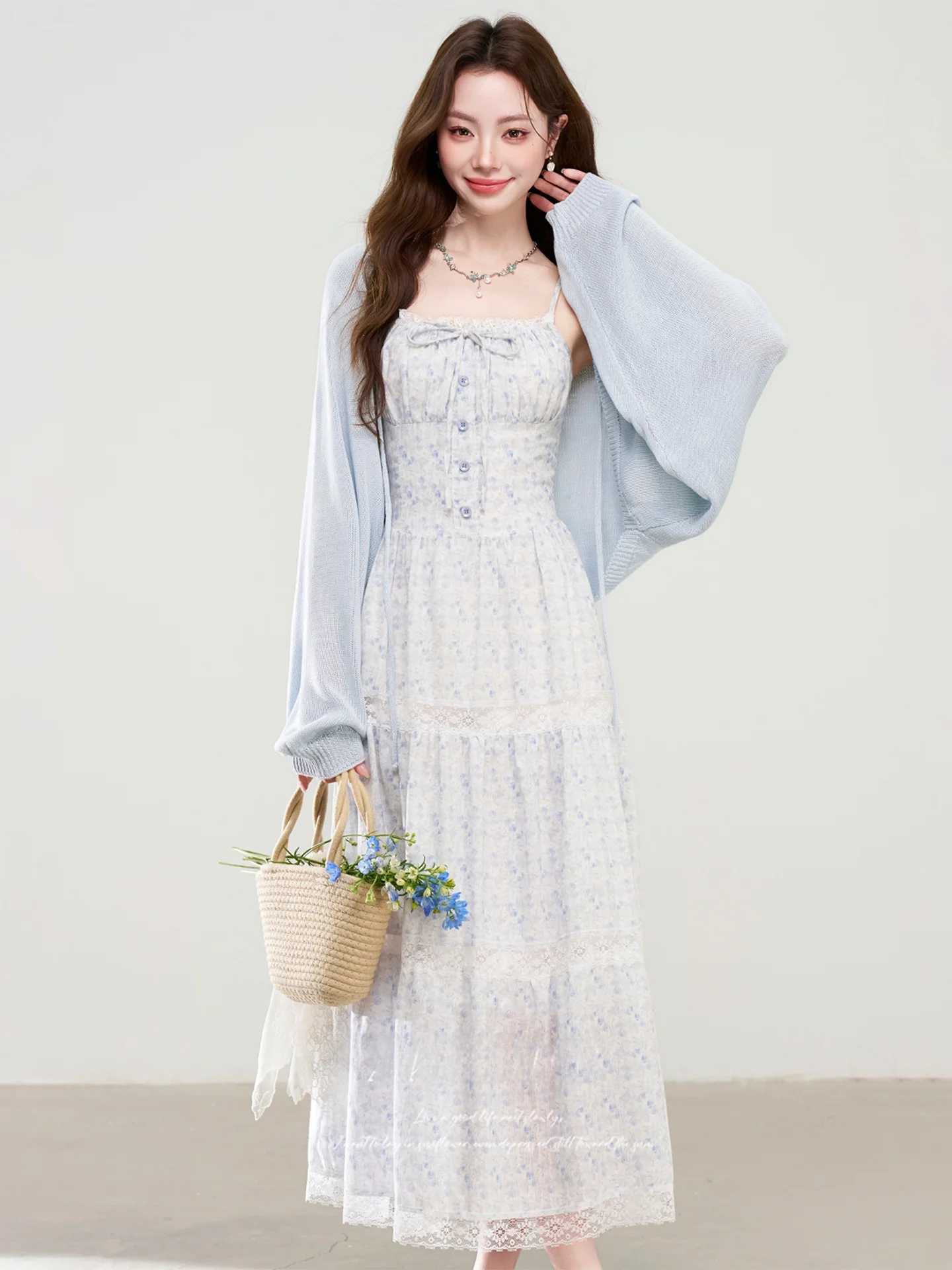 

Summer New Style Lazy Fashion Women's Floral Print Two-Piece Set Cover up Dress Long Dress Casual High Waist French Style