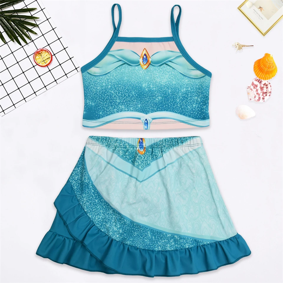 Summer Fancy Girl Princess Jasmine Swimwear 2Pcs Belle Mermaid Swimsuit Children Beach Party Swimsuits Split Toddler Baby Bikini