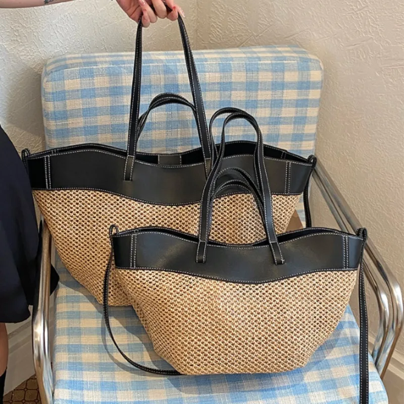 

2026 New Summer Straw Tote Bag for Women 2 Sizes Available Leather Trim Hollow Out Woven Shoulder Bag Large Capacity Beach Bag