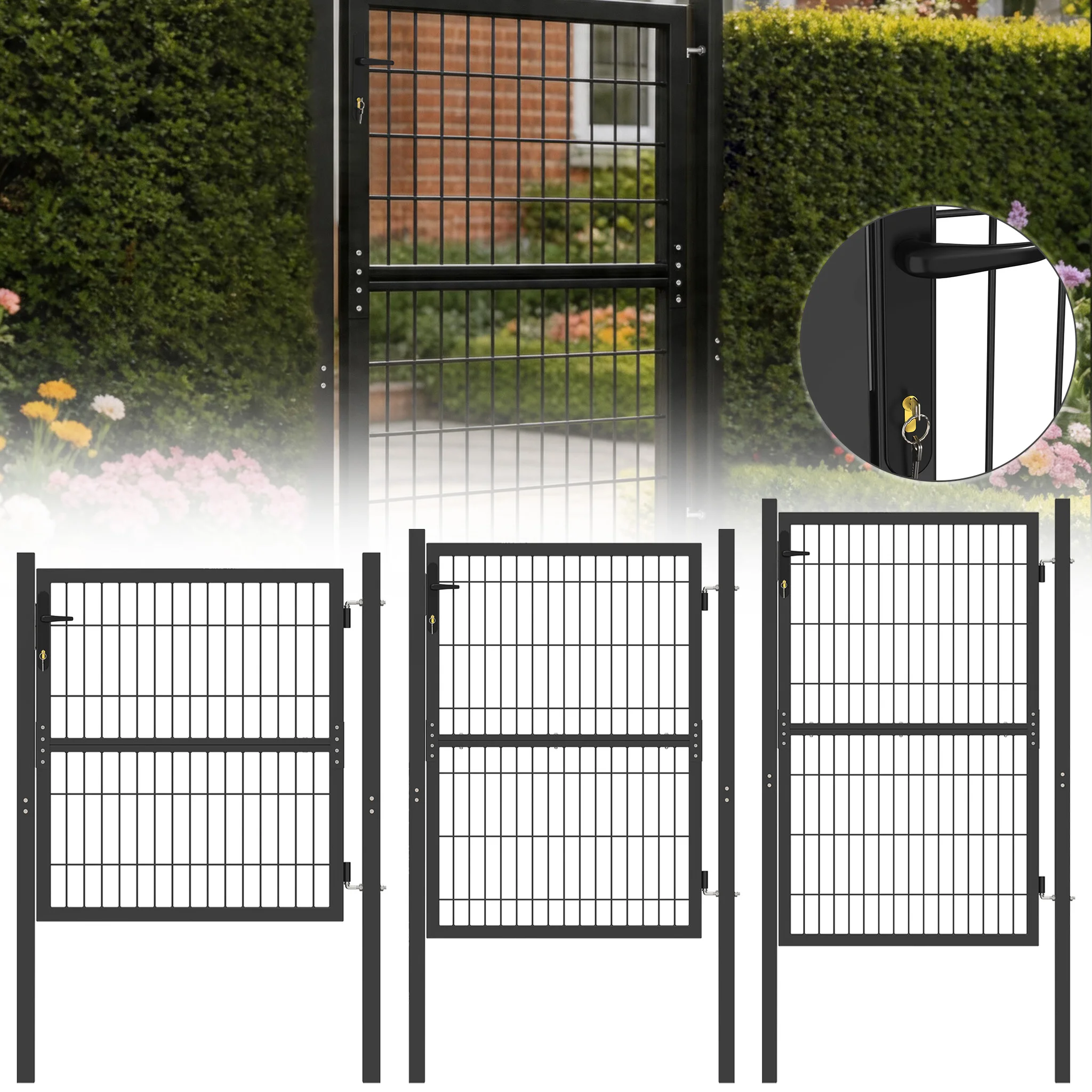 Portail de jardin en métal, portail de clôture en acier avec serrure, robuste, pour entrée extérieure, revêtement poudré, résistant à la rouille, avec poteaux pour clôture de jardin et patio