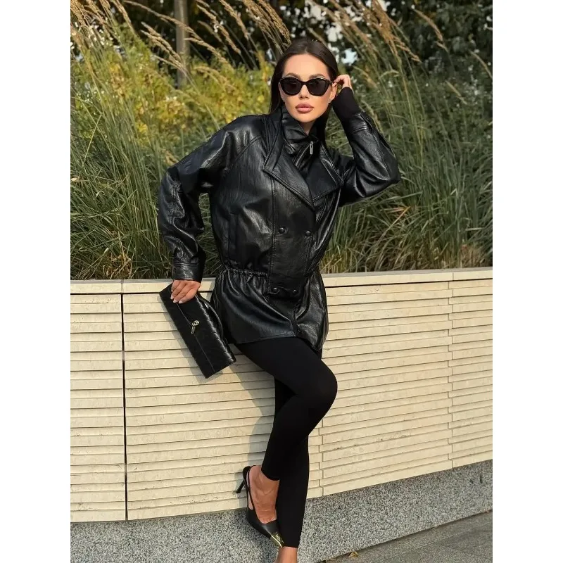 แจ็คเก็ตหนังสีดำทรงมิดิ  สำหรับผู้หญิง  แฟชั่นคอตั้ง  กระดุมสองแถว  ซิป  ทรงหลวม  เสื้อคลุมสำหรับใส่ในชีวิตประจำวัน