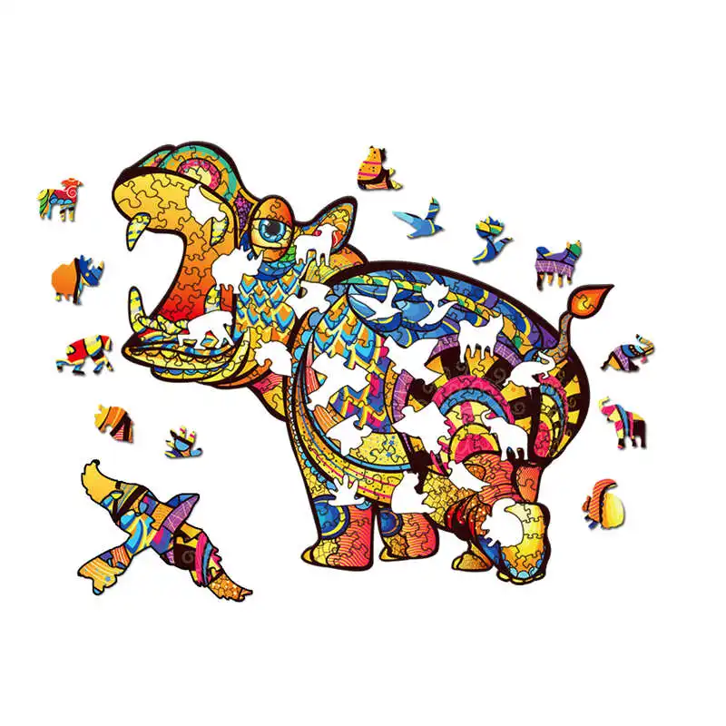 Cool High Quality Wood Jigsaw Puzzle Animal Hippo Wooden Puzzles Adults Montessori Educational Toys Children Board Game Gift