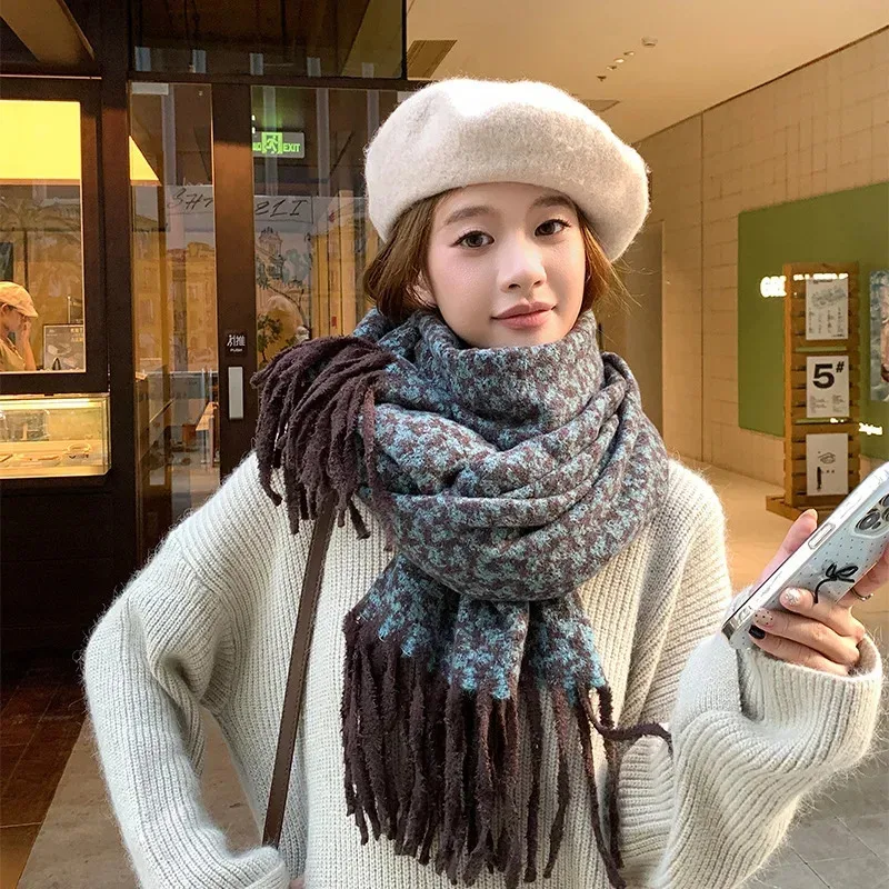 

Осень-зима, новый молочный бархатный шарф для женщин, элегантный универсальный, толстая клетчатая шаль, теплая