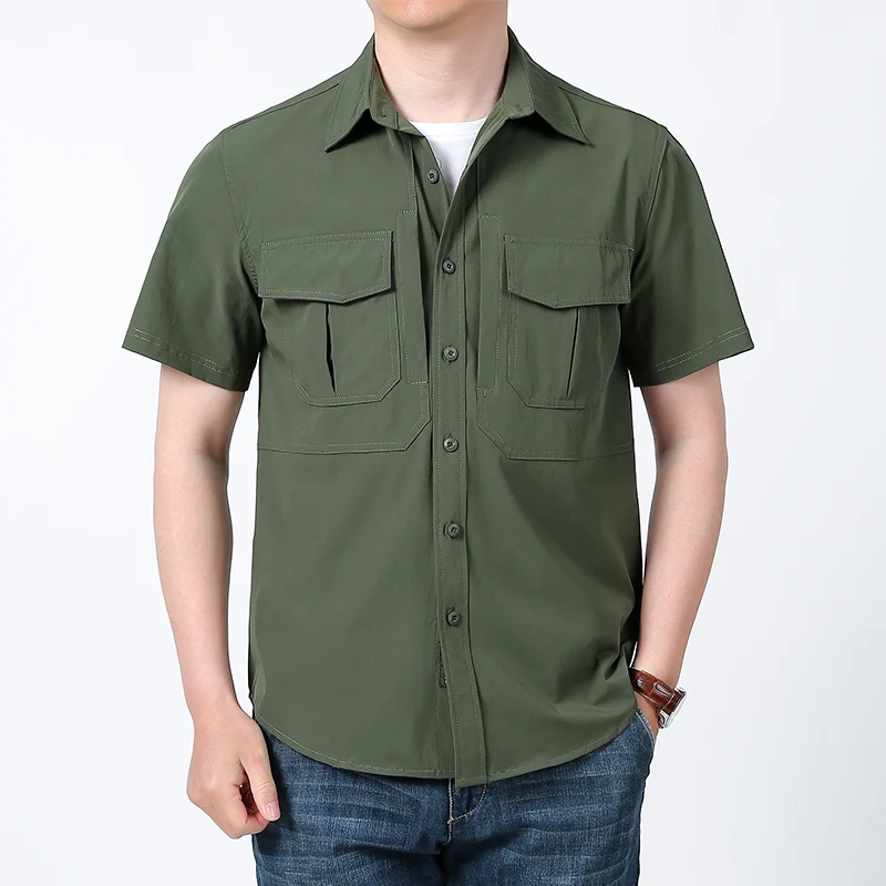 

Легкая летняя мужская рабочая рубашка с коротким рукавом, быстросохнущая, свободного кроя, для активного отдыха, с карманами, тактическая, дышащая