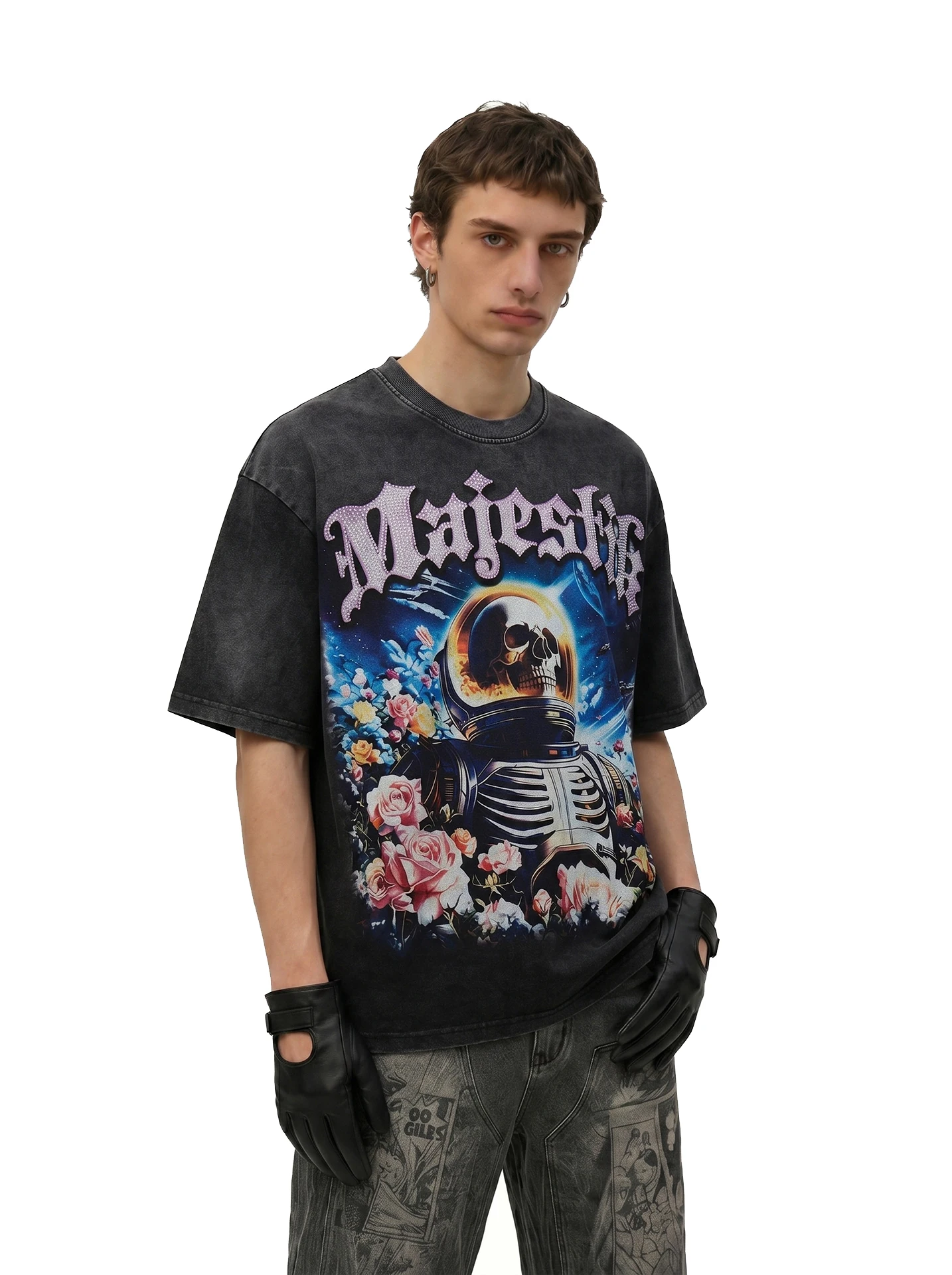 

Washed Short Sleeve T-Shirt Men's Summer Loose Fit Printed Diamond Brand American High Street Style Youth Fashion Casual Top