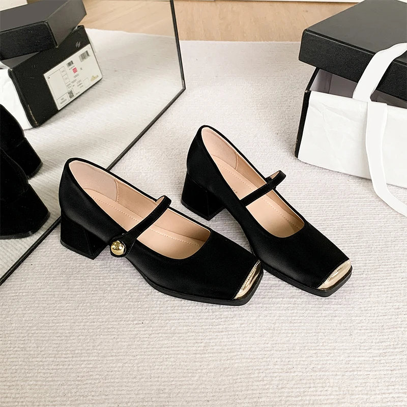 French style thick-heeled fragrant style Mary Jane single shoes new square head black evening shoes